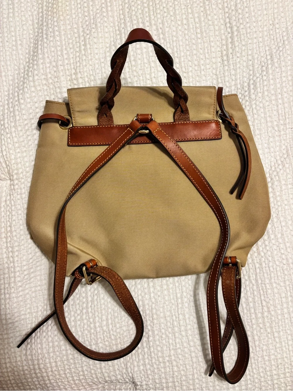 Dooney & Bourke Tan Canvas Backpack with Brown Leather Trim